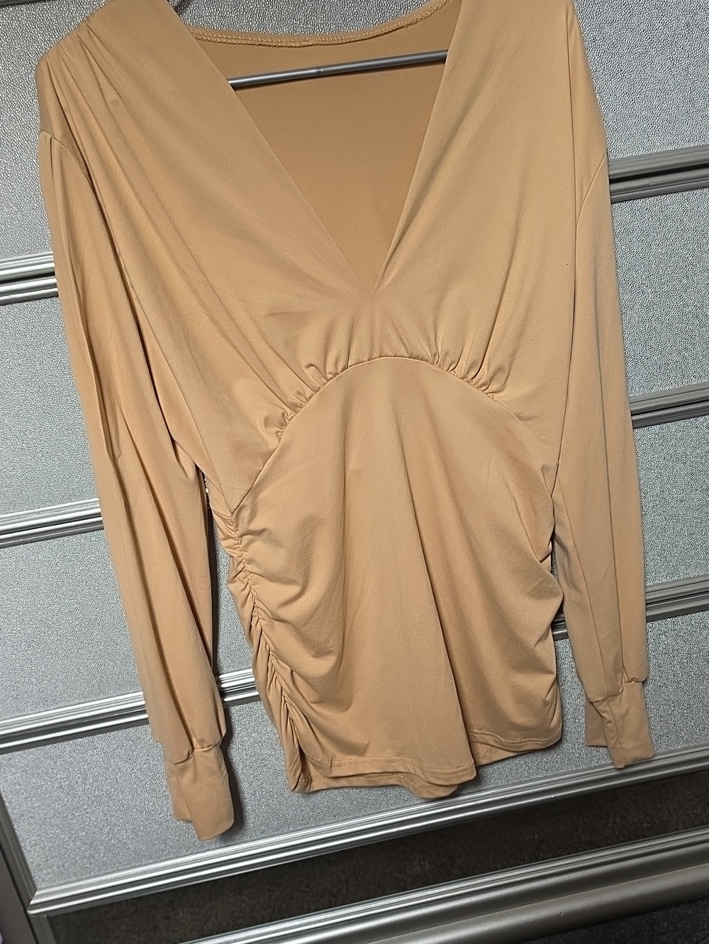 SHEIN Tan V-Neck Long Sleeve Ruched Top